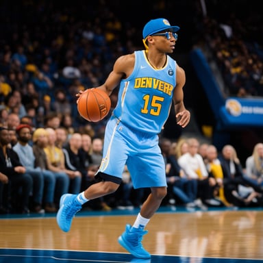 Go Blue Gopher, an NBA player, is captured in action by a professional sports photographer. Standing six feet, five inches tall with bright blue skin, Go Blue Gopher is seen in a basketball arena taking a jump shot, basketball in hand. Dressed in a blue Denver Nuggets NBA jersey, number 15, with basketball shoes, a backwards blue baseball cap, glasses, and a wide smile, he radiates confidence. The backdrop of a full stadium, with camera flashes lighting up the moment, highlights Go Blue Gopher's skill and charisma on the court.