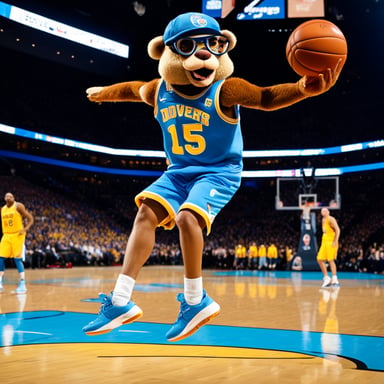 Go Blue Gopher, an NBA player, is captured in action by a professional sports photographer. Standing six feet, five inches tall with bright blue skin, Go Blue Gopher is seen in a basketball arena taking a jump shot, basketball in hand. Dressed in a blue Denver Nuggets NBA jersey, number 15, with basketball shoes, a backwards blue baseball cap, glasses, and a wide smile, he radiates confidence. The backdrop of a full stadium, with camera flashes lighting up the moment, highlights Go Blue Gopher's skill and charisma on the court.