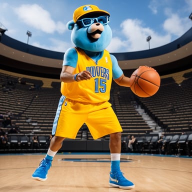 Go Blue Gopher, an NBA player, is captured in action by a professional sports photographer. Standing six feet, five inches tall with bright blue skin, Go Blue Gopher is seen in a basketball arena taking a jump shot, basketball in hand. Dressed in a blue Denver Nuggets NBA jersey, number 15, with basketball shoes, a backwards blue baseball cap, glasses, and a wide smile, he radiates confidence. The backdrop of a full stadium, with camera flashes lighting up the moment, highlights Go Blue Gopher's skill and charisma on the court.