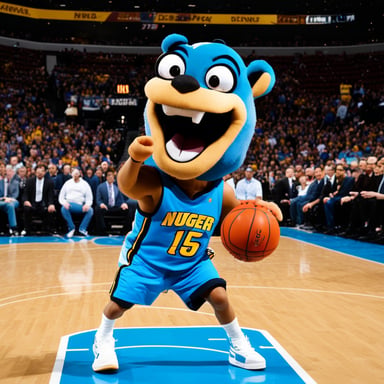 Go Blue Gopher, an NBA player, is captured in action by a professional sports photographer. Standing six feet, five inches tall with bright blue skin, Go Blue Gopher is seen in a basketball arena taking a jump shot, basketball in hand. Dressed in a blue Denver Nuggets NBA jersey, number 15, with basketball shoes, a backwards blue baseball cap, glasses, and a wide smile, he radiates confidence. The backdrop of a full stadium, with camera flashes lighting up the moment, highlights Go Blue Gopher's skill and charisma on the court.