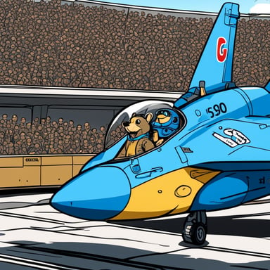 Go Blue Gopher sits in the cockpit of an F-16 Fighting Falcon painted bright blue. Go Blue Gopher has a helmet on and is waving at a crowd of people watching excitedly.