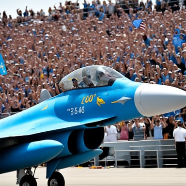 Go Blue Gopher sits in the cockpit of an F-16 Fighting Falcon painted bright blue. Go Blue Gopher has a helmet on and is waving at a crowd of people watching excitedly.