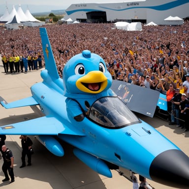 Go Blue Gopher sits in the cockpit of an F-16 Fighting Falcon painted bright blue. Go Blue Gopher has a helmet on and is waving at a crowd of people watching excitedly.