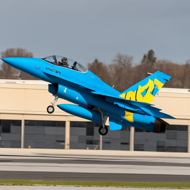 Go Blue Gopher sits in the cockpit of an F-16 Fighting Falcon painted bright blue. Go Blue Gopher has a helmet on and is waving at a crowd of people watching excitedly.