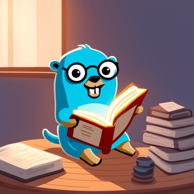 Go Blue Gopher reading a book about programming in Golang.
