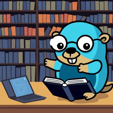 Go Blue Gopher reading a book about programming in Golang.