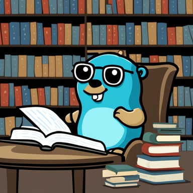 Go Blue Gopher reading a book about programming in Golang.