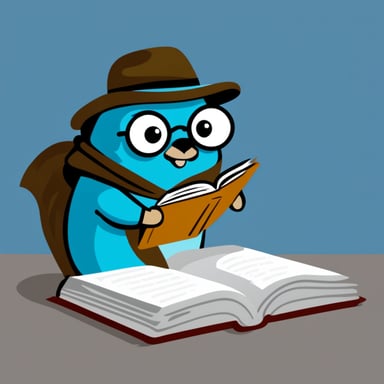 Go Blue Gopher reading a book about programming in Golang.