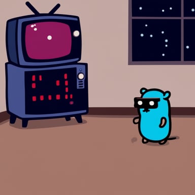 Go Blue Gopher sitting on floor watching retro TV playing Space Invaders.