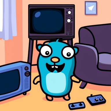 Go Blue Gopher sitting on floor watching retro TV playing Space Invaders.