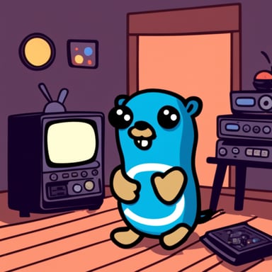 Go Blue Gopher sitting on floor watching retro TV playing Space Invaders.