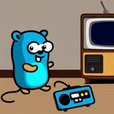 Go Blue Gopher sitting on floor watching retro TV playing Space Invaders.