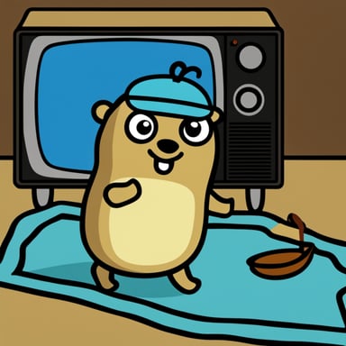 Go blue gopher watches a retro TV with a rug on the floor.