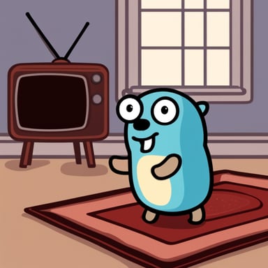 Go blue gopher watches a retro TV with a rug on the floor.