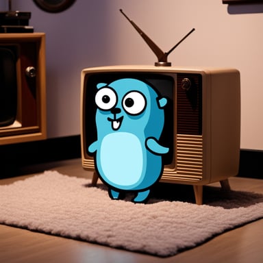 Go blue gopher watches a retro TV with a rug on the floor.