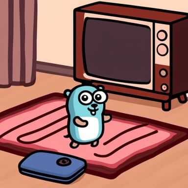 Go blue gopher watches a retro TV with a rug on the floor.