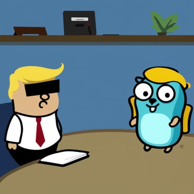 Go Blue Gopher interviewing a Go Blue Gopher as Trump.
