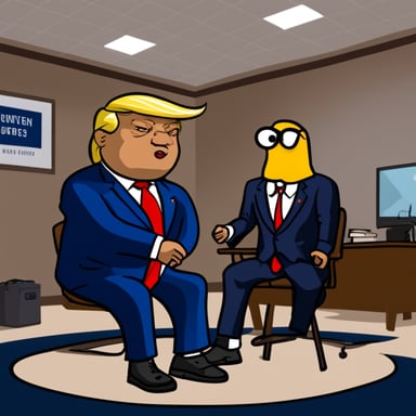 Go Blue Gopher interviewing President Donald Trump, similar to the Jonathan Swan interview.
