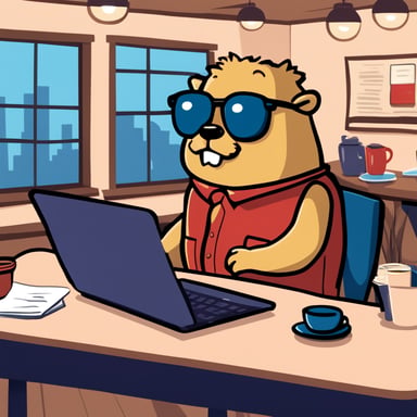 A worn-out Go Blue Gopher is typing intensely on their laptop in a hipster coffee shop. Next to them at their table is an empty cup of coffee. Go Blue Gopher is sweating profusely about their looming deadline. They have papers scattered all around them on their table and under their table. Go Blue Gopher's cheeks are red, and they have large teeth.