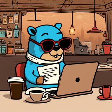 A worn-out Go Blue Gopher is typing intensely on their laptop in a hipster coffee shop. Next to them at their table is an empty cup of coffee. Go Blue Gopher is sweating profusely about their looming deadline. They have papers scattered all around them on their table and under their table. Go Blue Gopher's cheeks are red, and they have large teeth.