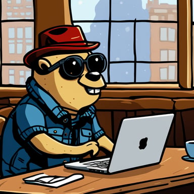 A worn-out Go Blue Gopher is typing intensely on their laptop in a hipster coffee shop. Next to them at their table is an empty cup of coffee. Go Blue Gopher is sweating profusely about their looming deadline. They have papers scattered all around them on their table and under their table. Go Blue Gopher's cheeks are red, and they have large teeth.