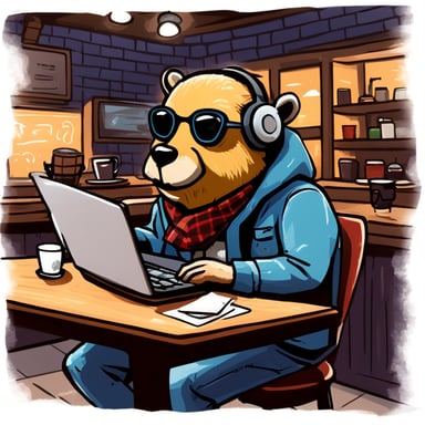 A worn-out Go Blue Gopher is typing intensely on their laptop in a hipster coffee shop. Next to them at their table is an empty cup of coffee. Go Blue Gopher is sweating profusely about their looming deadline. They have papers scattered all around them on their table and under their table. Go Blue Gopher's cheeks are red, and they have large teeth.