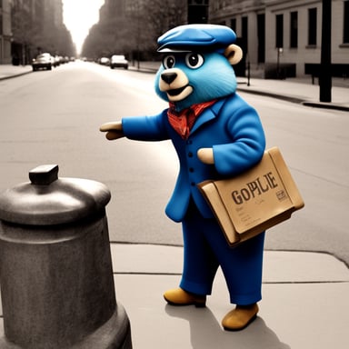 Go Blue Gopher as a paperboy hawking newspapers on a 1920s street corner, photo-realistic, hyper-realistic.