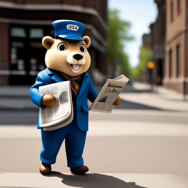 Go Blue Gopher as a paperboy hawking newspapers on a 1920s street corner, photo-realistic, hyper-realistic.