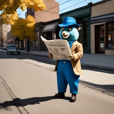 Go Blue Gopher as a paperboy hawking newspapers on a 1920s street corner, photo-realistic, hyper-realistic.