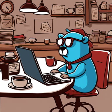 Go Blue Gopher is worn-out and typing intensely on their laptop in a hipster coffee shop. Next to Go Blue Gopher at their table is an empty cup of coffee. Go Blue Gopher is sweating profusely about their looming deadline. They have papers scattered all around them on their table and under their table. Go Blue Gopher's cheeks are red, and they have large teeth.