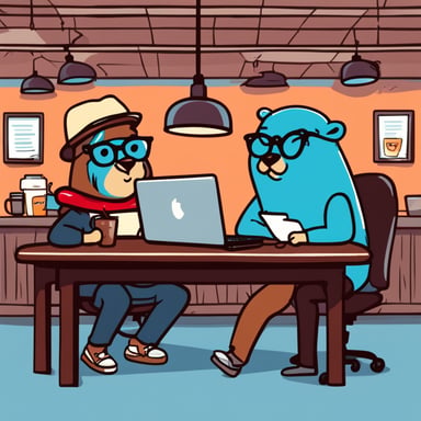 Go Blue Gopher is worn-out and typing intensely on their laptop in a hipster coffee shop. Next to Go Blue Gopher at their table is an empty cup of coffee. Go Blue Gopher is sweating profusely about their looming deadline. They have papers scattered all around them on their table and under their table. Go Blue Gopher's cheeks are red, and they have large teeth.
