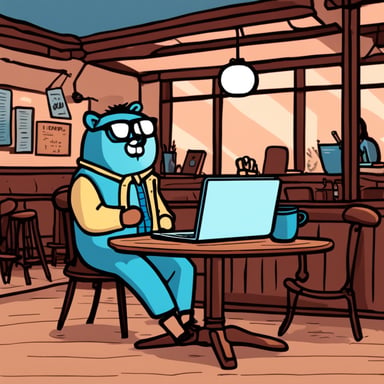 Go Blue Gopher is worn-out and typing intensely on their laptop in a hipster coffee shop. Next to Go Blue Gopher at their table is an empty cup of coffee. Go Blue Gopher is sweating profusely about their looming deadline. They have papers scattered all around them on their table and under their table. Go Blue Gopher's cheeks are red, and they have large teeth.