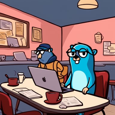 Go Blue Gopher is worn-out and typing intensely on their laptop in a hipster coffee shop. Next to Go Blue Gopher at their table is an empty cup of coffee. Go Blue Gopher is sweating profusely about their looming deadline. They have papers scattered all around them on their table and under their table. Go Blue Gopher's cheeks are red, and they have large teeth. Sweat is pouring off of their face; they are drenched in sweat. They are clearly scared and show their fear, drastic and desperate fear, and sweat.