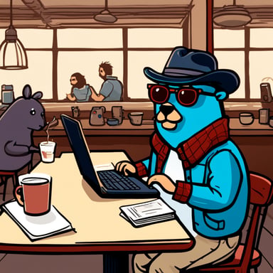 Go Blue Gopher is worn-out and typing intensely on their laptop in a hipster coffee shop. Next to Go Blue Gopher at their table is an empty cup of coffee. Go Blue Gopher is sweating profusely about their looming deadline. They have papers scattered all around them on their table and under their table. Go Blue Gopher's cheeks are red, and they have large teeth. Sweat is pouring off of their face; they are drenched in sweat. They are clearly scared and show their fear, drastic and desperate fear, and sweat.