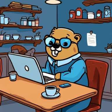 Go Blue Gopher is worn-out and typing intensely on their laptop in a hipster coffee shop. Next to Go Blue Gopher at their table is an empty cup of coffee. Go Blue Gopher is sweating profusely about their looming deadline. They have papers scattered all around them on their table and under their table. Go Blue Gopher's cheeks are red, and they have large teeth. Sweat is pouring off of their face; they are drenched in sweat. They are clearly scared and show their fear, drastic and desperate fear, and sweat.