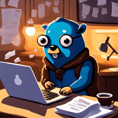 Go Blue Gopher is typing intensely on their laptop in a coffee shop, surrounded by scattered papers and drenched in sweat, showing signs of fear for their life.