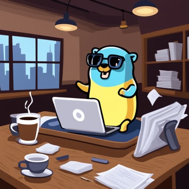 Go Blue Gopher is typing intensely on their laptop in a coffee shop, surrounded by scattered papers and drenched in sweat, showing signs of fear for their life.