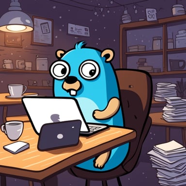 Go Blue Gopher is typing intensely on their laptop in a coffee shop, surrounded by scattered papers and drenched in sweat, showing signs of fear for their life.
