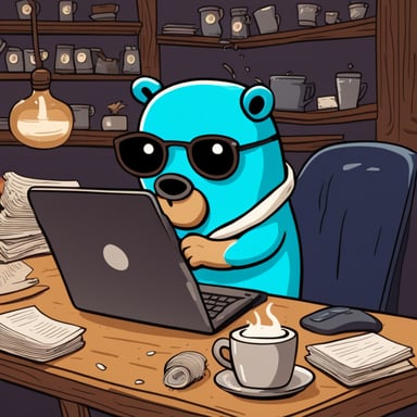 Go Blue Gopher is typing intensely on their laptop in a coffee shop, surrounded by scattered papers and drenched in sweat, showing signs of fear for their life.