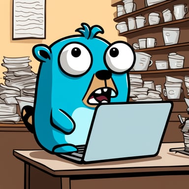 Go Blue Gopher is typing intensely on their laptop in a coffee shop, surrounded by scattered papers and drenched in sweat, showing signs of fear for their life. Buckets of sweat are pouring off his face. He is scared. Very scared. His mouth is open, and he's screaming because his deadline is due.