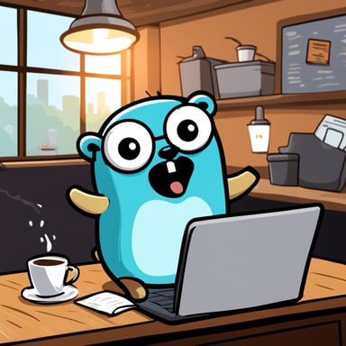 Go Blue Gopher is typing intensely on their laptop in a coffee shop, surrounded by scattered papers and drenched in sweat, showing signs of fear for their life. Buckets of sweat are pouring off his face. He is scared. Very scared. His mouth is open, and he's screaming because his deadline is due.