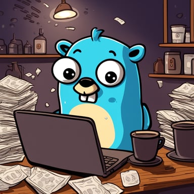 Go Blue Gopher is typing intensely on their laptop in a coffee shop, surrounded by scattered papers and drenched in sweat, showing signs of fear for their life. Buckets of sweat are pouring off his face. He is scared. Very scared. His mouth is open, and he's screaming because his deadline is due.