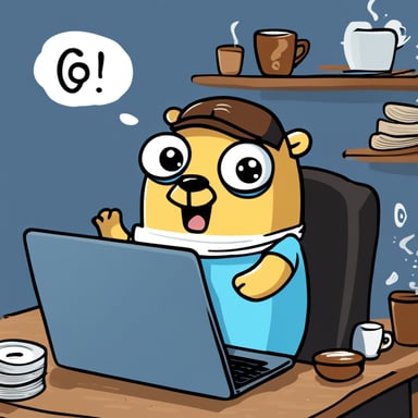 Go Blue Gopher is typing intensely on their laptop in a coffee shop, surrounded by scattered papers and drenched in sweat, showing signs of fear for their life. Buckets of sweat are pouring off his face. He is scared. Very scared. His mouth is open, and he's screaming because his deadline is due.