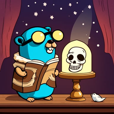 Go Blue Gopher is reading the collective works of Shakespeare on stage next to a skull, standing in the spotlight.