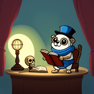 Go Blue Gopher is reading the collective works of Shakespeare on stage next to a skull, standing in the spotlight.
