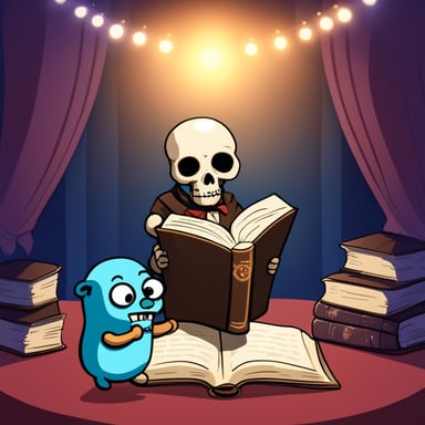 Go Blue Gopher is reading the collective works of Shakespeare on stage next to a skull, standing in the spotlight.