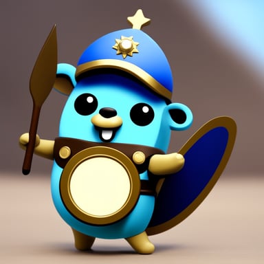 A go blue gopher as a soldier with a round shield in his hand.