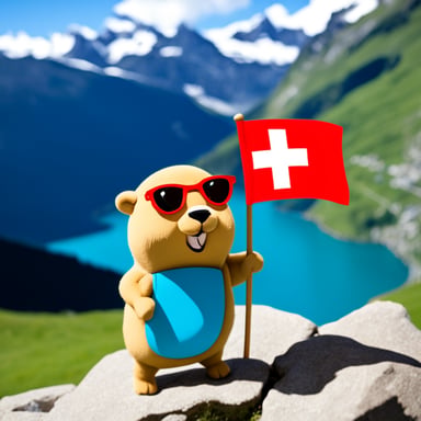 Go Blue Gopher in the Swiss Alps with a Swiss flag.