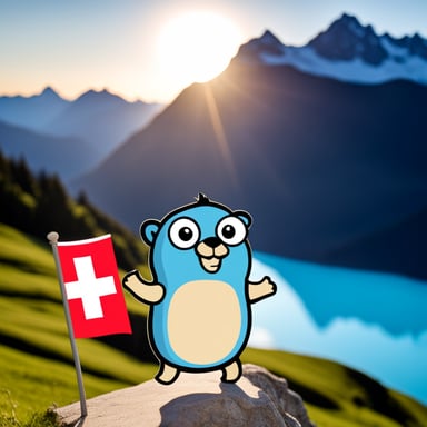 Go Blue Gopher in the Swiss Alps with a Swiss flag.