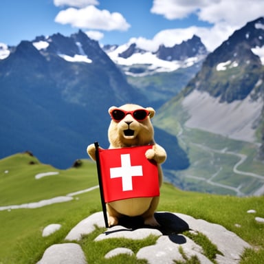 Go Blue Gopher in the Swiss Alps with a Swiss flag.
